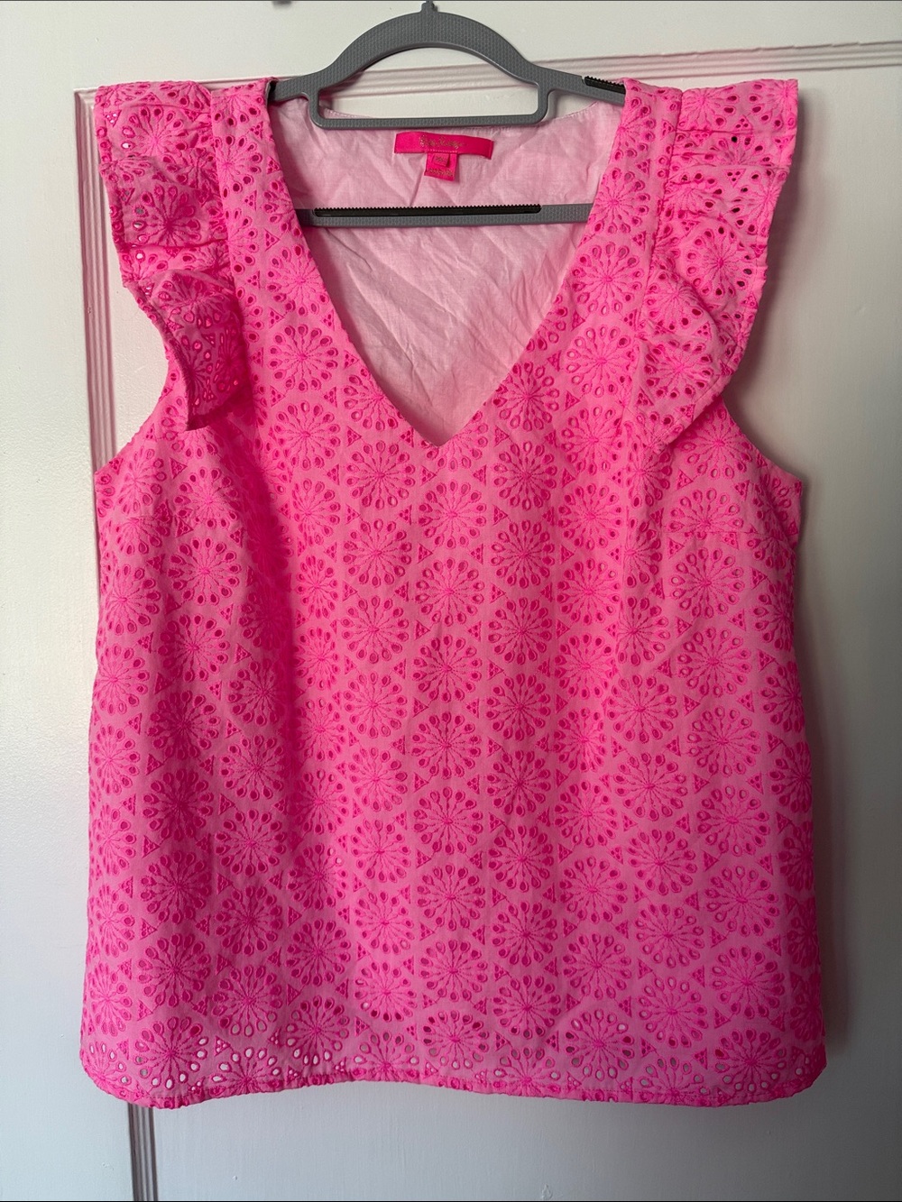 Lilly Pulitzer Hot Pink Eyelet Ruffle V-Neck Tank